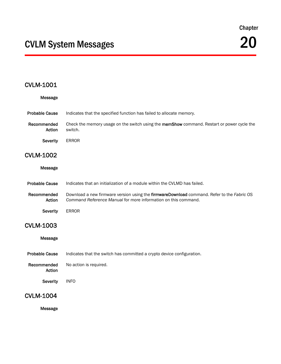 Cvlm system messages, Chapter 20, Cvlm-1001 | Cvlm-1002, Cvlm-1003, Cvlm-1004, Chapter | Dell POWEREDGE M1000E User Manual | Page 209 / 842