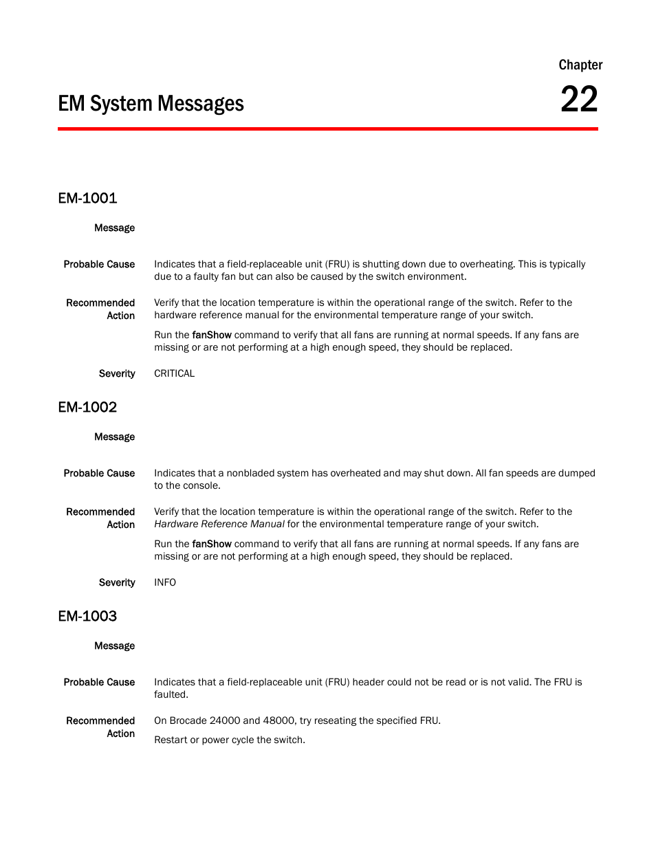 Em system messages, Chapter 22, Em-1001 | Em-1002, Em-1003, Chapter | Dell POWEREDGE M1000E User Manual | Page 225 / 842