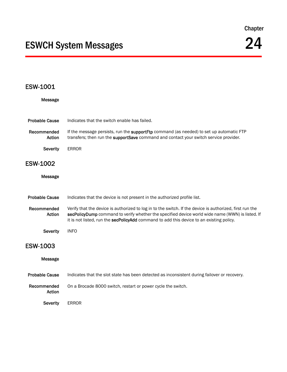 Eswch system messages, Chapter 24, Esw-1001 | Esw-1002, Esw-1003, Chapter | Dell POWEREDGE M1000E User Manual | Page 245 / 842