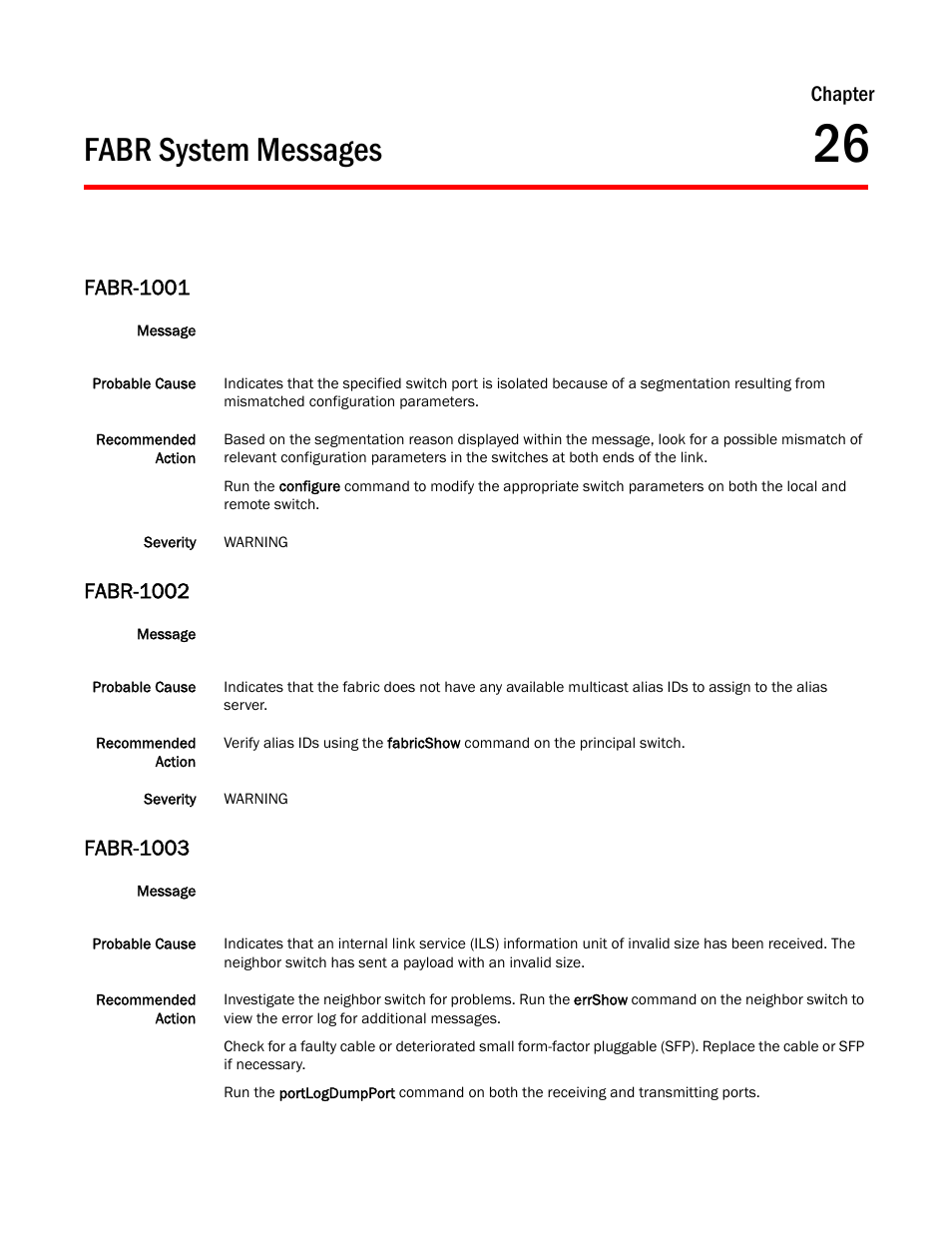 Fabr system messages, Chapter 26, Fabr-1001 | Fabr-1002, Fabr-1003, Chapter | Dell POWEREDGE M1000E User Manual | Page 251 / 842