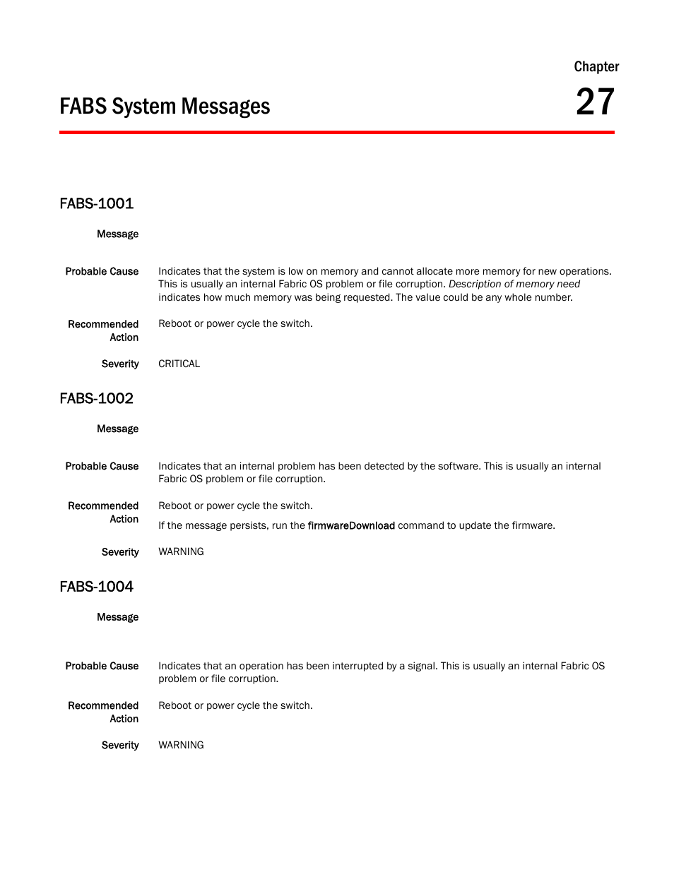 Fabs system messages, Chapter 27, Fabs-1001 | Fabs-1002, Fabs-1004, Chapter | Dell POWEREDGE M1000E User Manual | Page 265 / 842