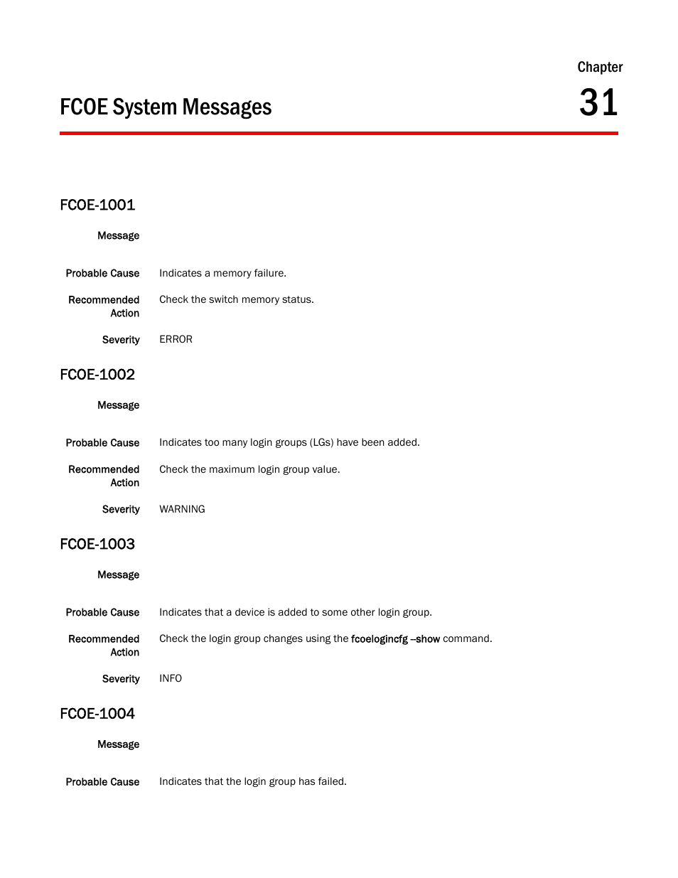 Fcoe system messages, Chapter 31, Fcoe-1001 | Fcoe-1002, Fcoe-1003, Fcoe-1004, Chapter | Dell POWEREDGE M1000E User Manual | Page 277 / 842