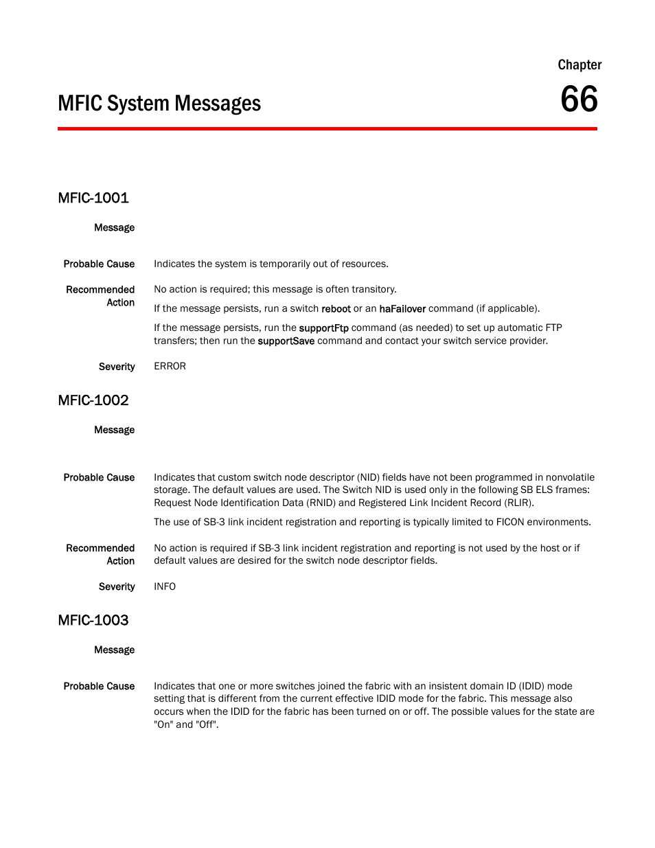 Mfic system messages, Chapter 66, Mfic-1001 | Mfic-1002, Mfic-1003, Chapter | Dell POWEREDGE M1000E User Manual | Page 505 / 842