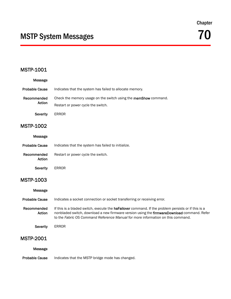 Mstp system messages, Chapter 70, Mstp-1001 | Mstp-1002, Mstp-1003, Mstp-2001, Chapter | Dell POWEREDGE M1000E User Manual | Page 517 / 842