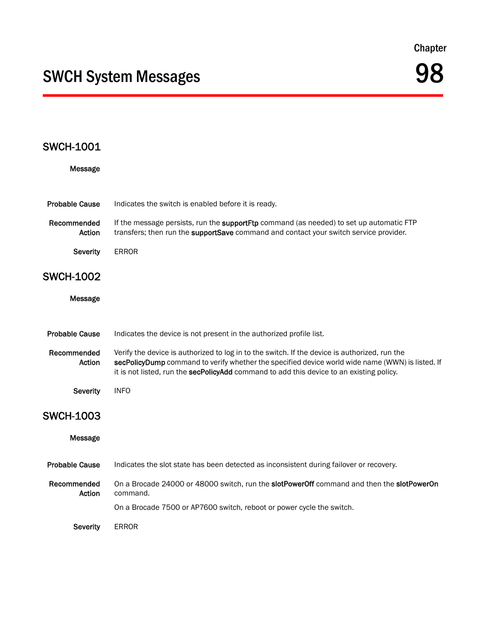 Swch system messages, Chapter 98, Swch-1001 | Swch-1002, Swch-1003, Chapter | Dell POWEREDGE M1000E User Manual | Page 699 / 842