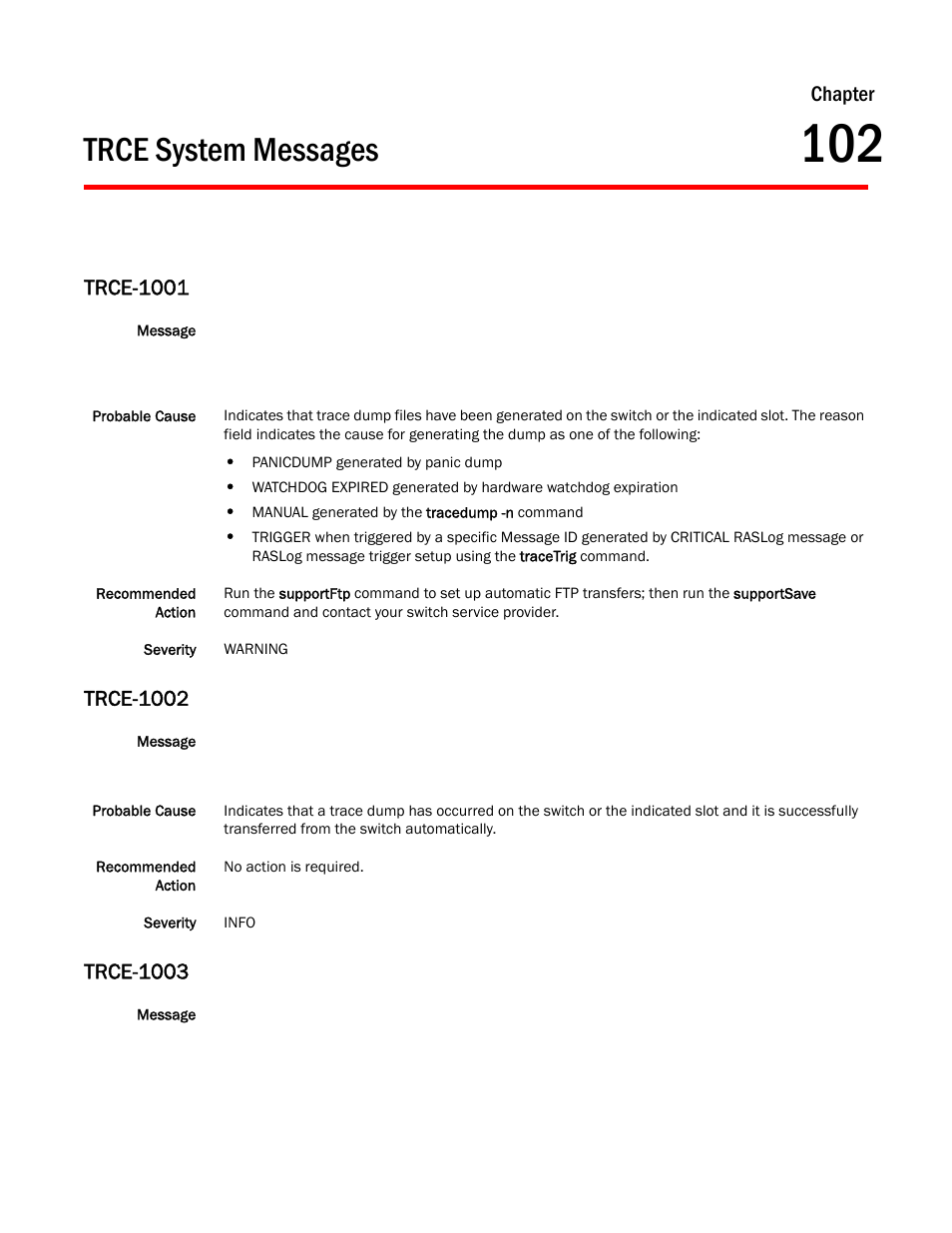 Trce system messages, Chapter 102 trce system messages, Trce-1001 | Trce-1002, Trce-1003, Chapter | Dell POWEREDGE M1000E User Manual | Page 711 / 842