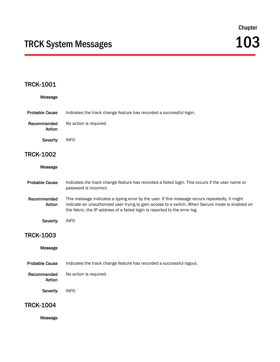 Trck system messages, Chapter 103 trck system messages, Trck-1001 | Trck-1002, Trck-1003, Trck-1004, Chapter | Dell POWEREDGE M1000E User Manual | Page 715 / 842