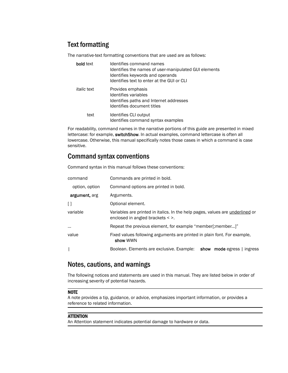 Text formatting, Command syntax conventions, Notes, cautions, and warnings | Dell POWEREDGE M1000E User Manual | Page 72 / 842