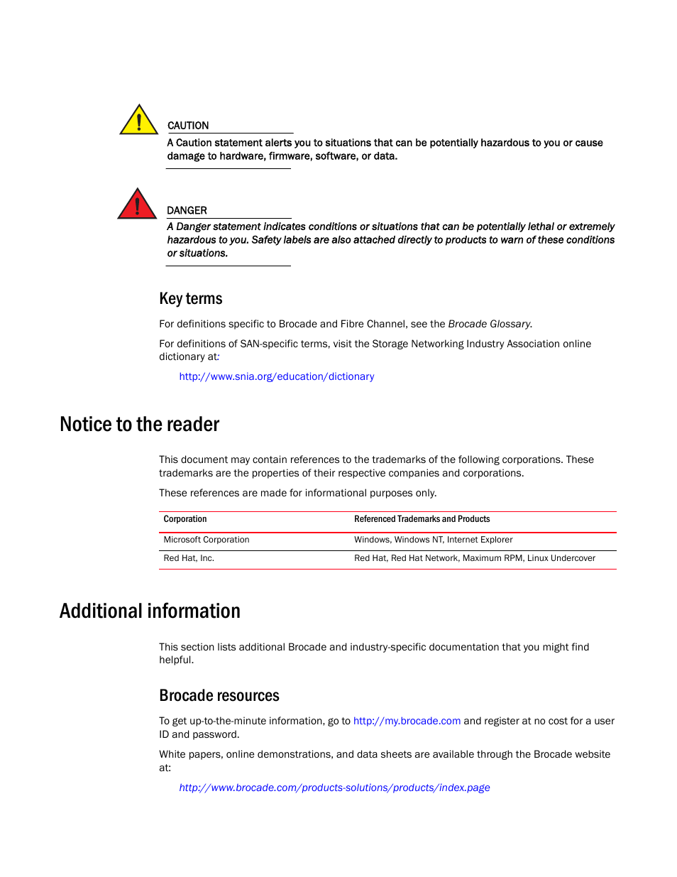 Key terms, Notice to the reader, Additional information | Brocade resources | Dell POWEREDGE M1000E User Manual | Page 73 / 842