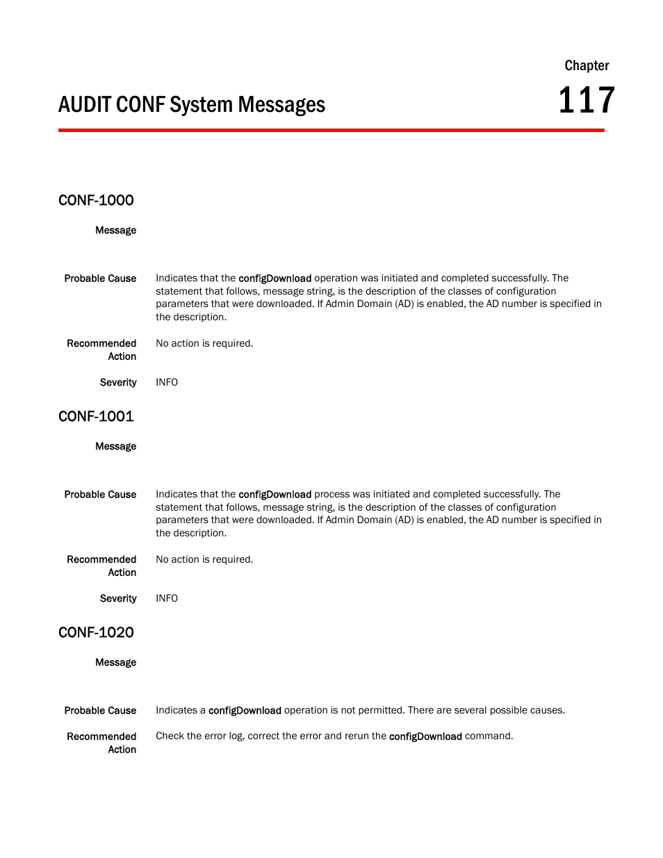 Audit conf system messages, Chapter 117 audit conf system messages, Conf-1000 | Conf-1001, Conf-1020, Chapter | Dell POWEREDGE M1000E User Manual | Page 765 / 842