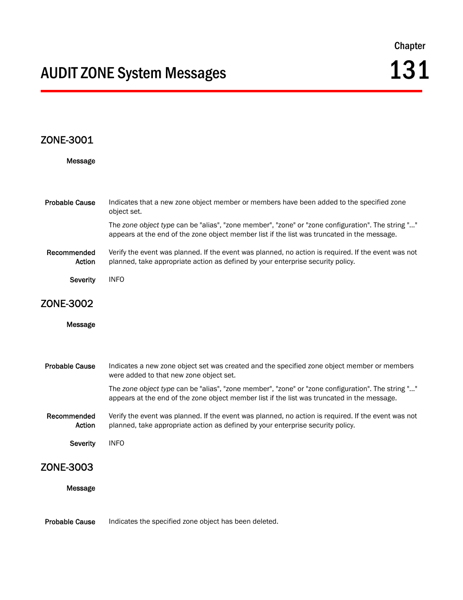 Audit zone system messages, Chapter 131 audit zone system messages, Zone-3001 | Zone-3002, Zone-3003, Chapter | Dell POWEREDGE M1000E User Manual | Page 835 / 842