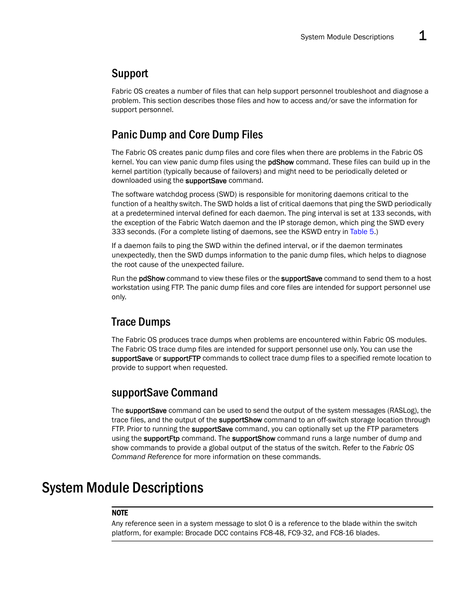 Support, Panic dump and core dump files, Trace dumps | Supportsave command, System module descriptions | Dell POWEREDGE M1000E User Manual | Page 89 / 842
