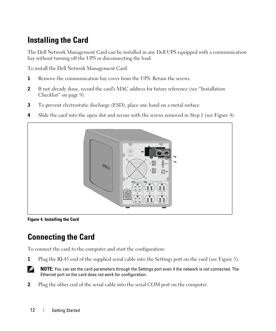 Installing the card, Connecting the card | Dell UPS 4200R User Manual | Page 12 / 88