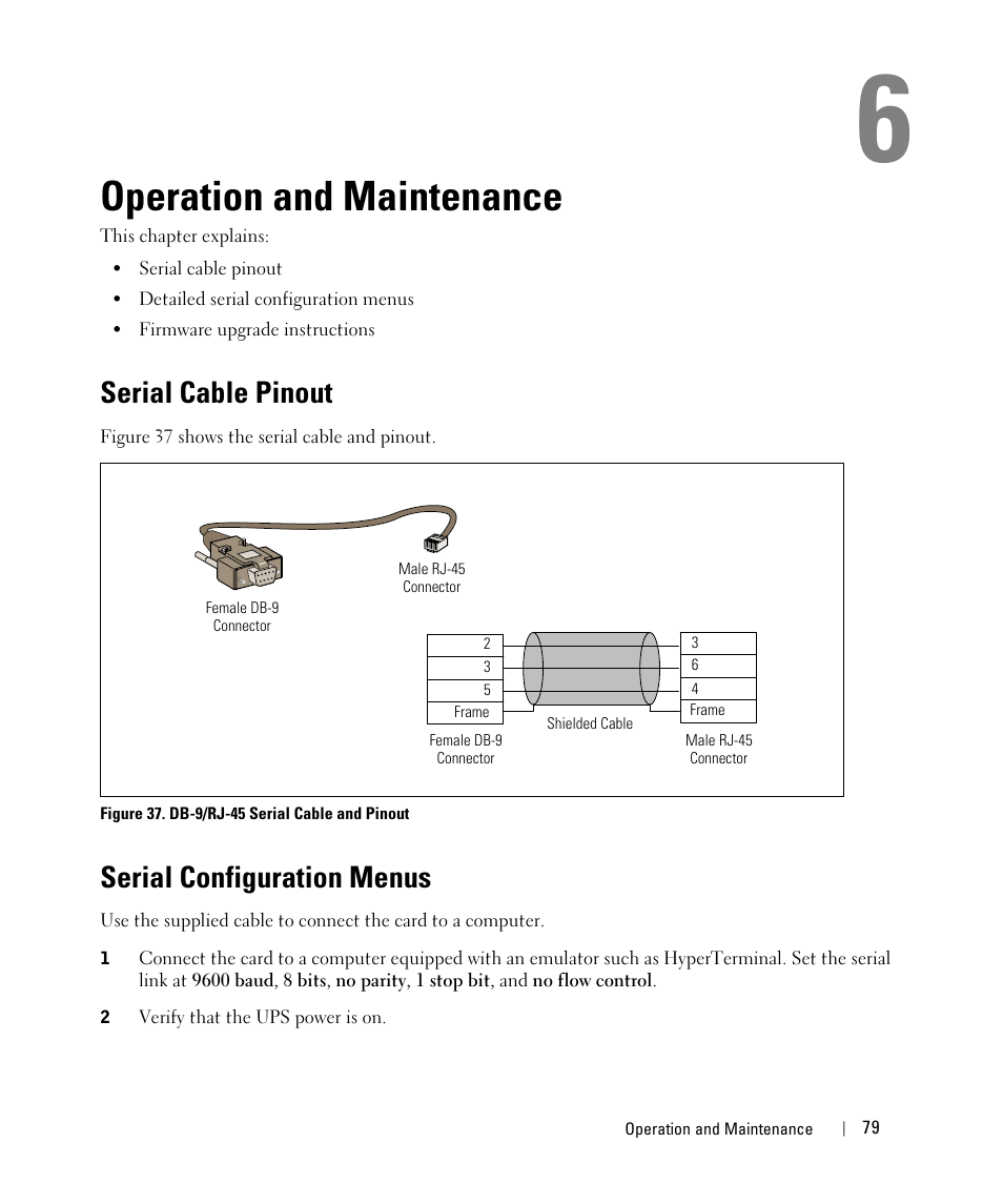 Operation and maintenance, Serial cable pinout, Serial configuration menus | Dell UPS 4200R User Manual | Page 79 / 88