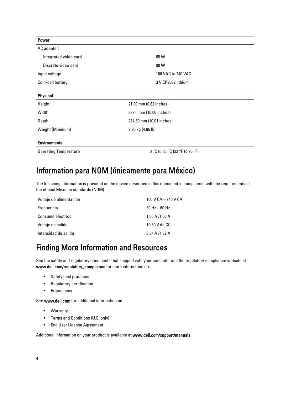 Finding more information and resources, Information para nom (únicamente para méxico) | Dell Vostro 5560 (Early 2013) User Manual | Page 4 / 5