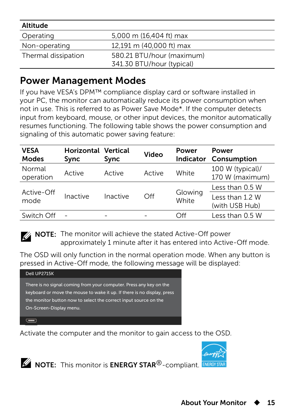 Power management modes | Dell UP2715K Monitor User Manual | Page 15 / 75