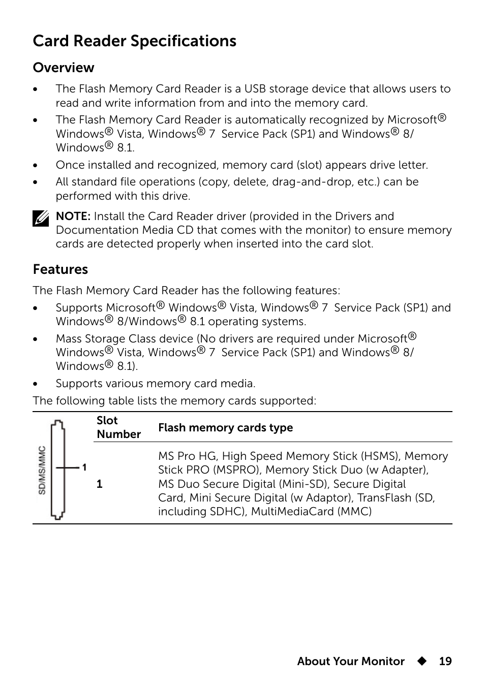Card reader specifications, Overview, Features | Dell UP2715K Monitor User Manual | Page 19 / 75