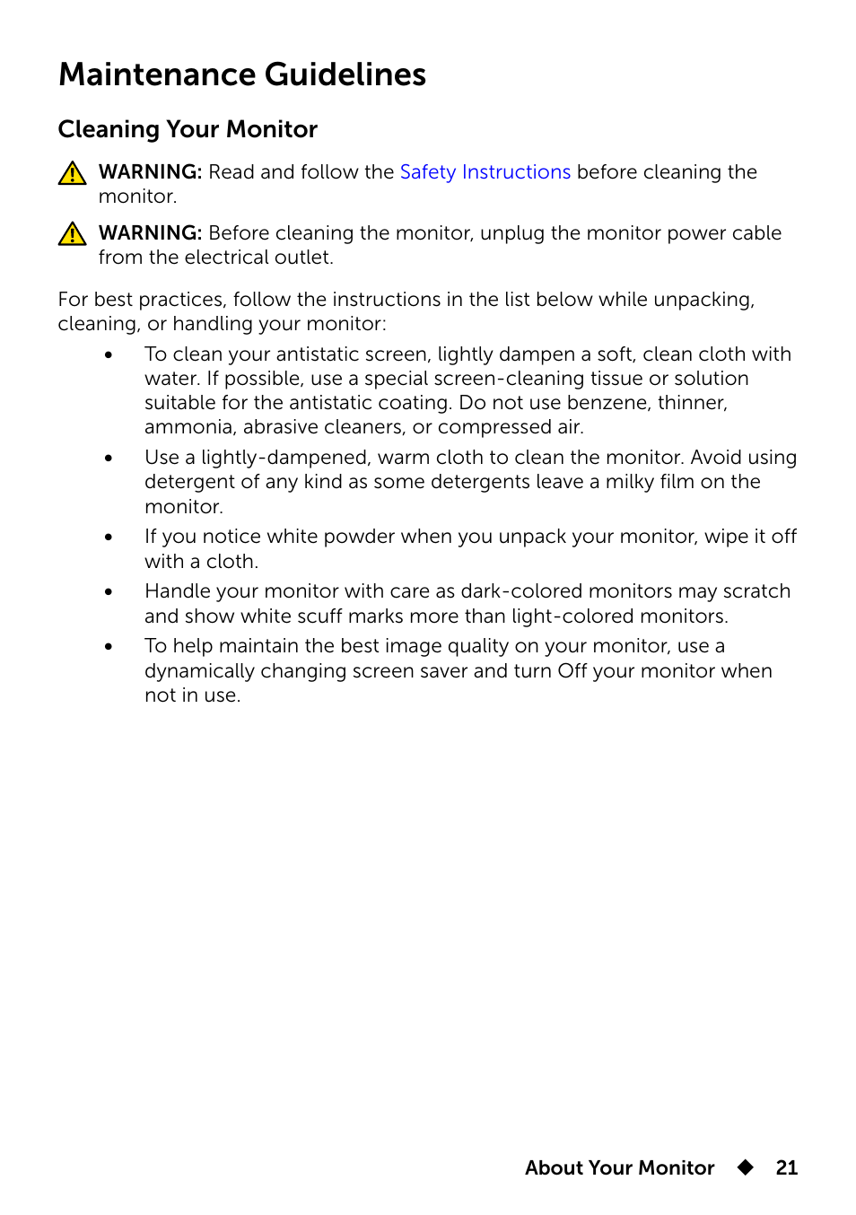 Maintenance guidelines, Cleaning your monitor | Dell UP2715K Monitor User Manual | Page 21 / 75