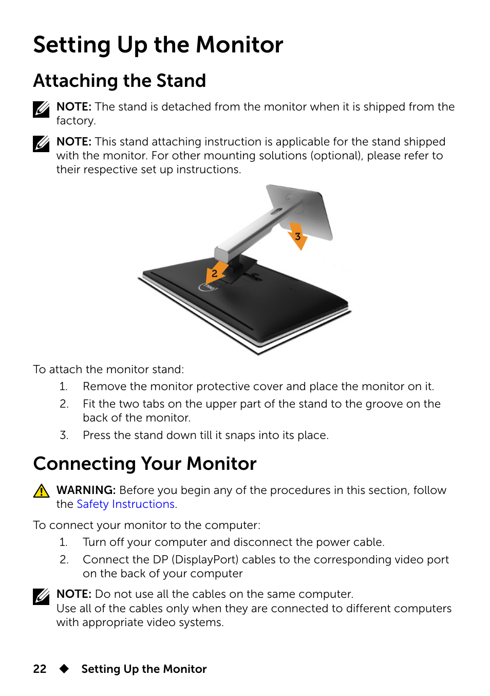 Setting up the monitor, Attaching the stand, Connecting your monitor | Attaching the stand connecting your monitor | Dell UP2715K Monitor User Manual | Page 22 / 75