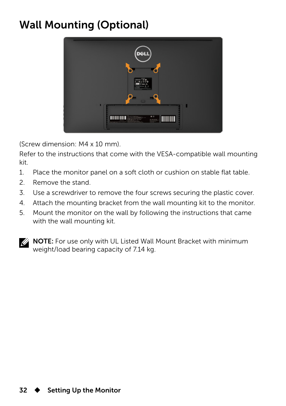 Wall mounting (optional) | Dell UP2715K Monitor User Manual | Page 32 / 75