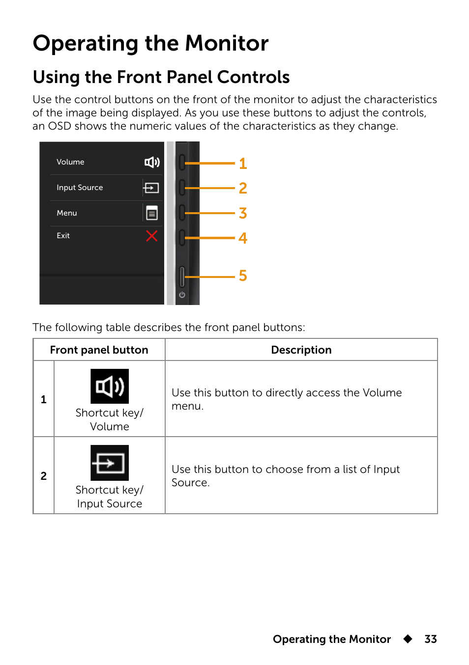 Operating the monitor, Using the front panel controls, Tion about changing the monitor settings, see | Operating the, Monitor | Dell UP2715K Monitor User Manual | Page 33 / 75