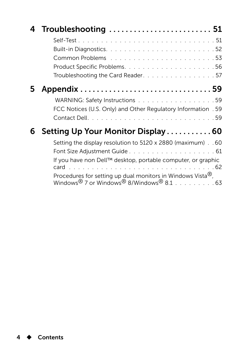 4 troubleshooting, 5 appendix, 6 setting up your monitor display | Dell UP2715K Monitor User Manual | Page 4 / 75