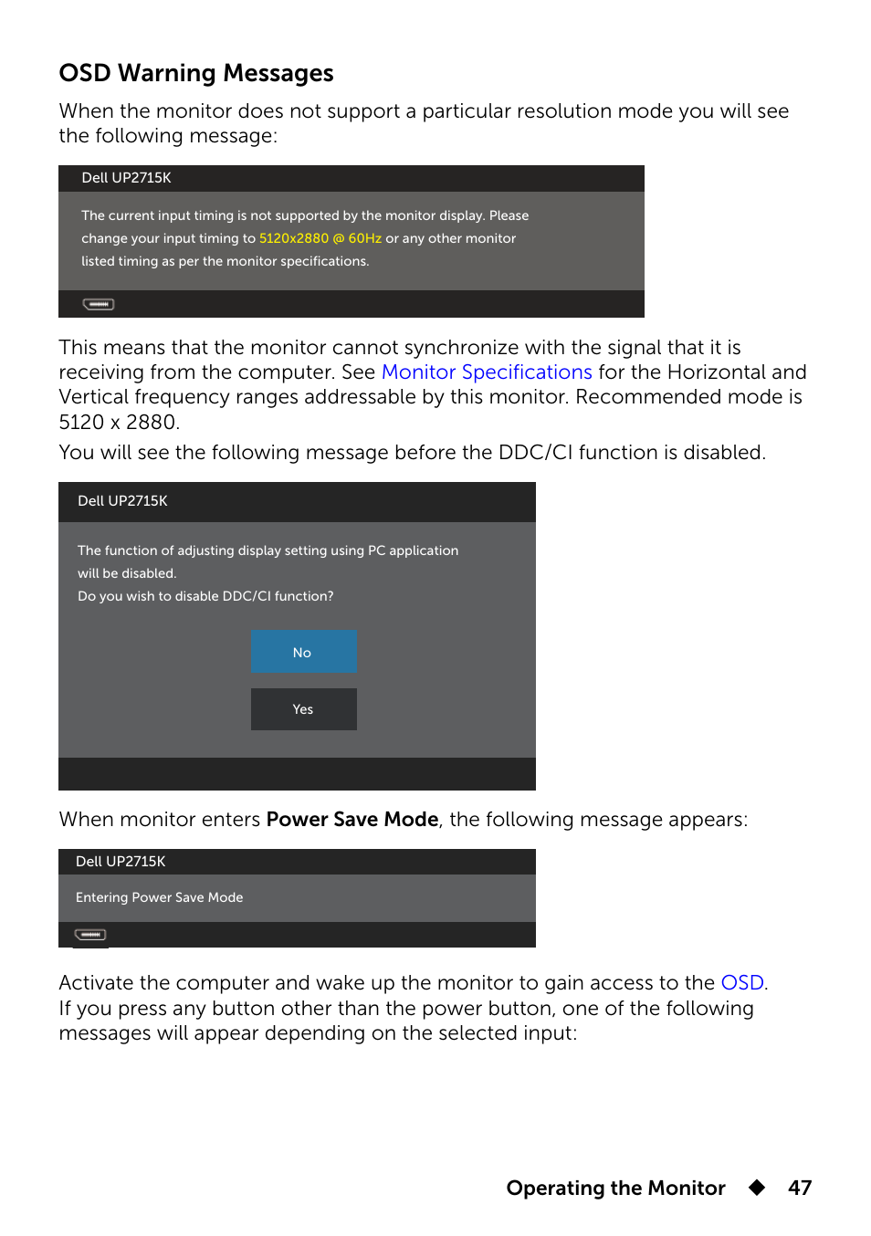 Osd warning messages, Operating the monitor  47 | Dell UP2715K Monitor User Manual | Page 47 / 75