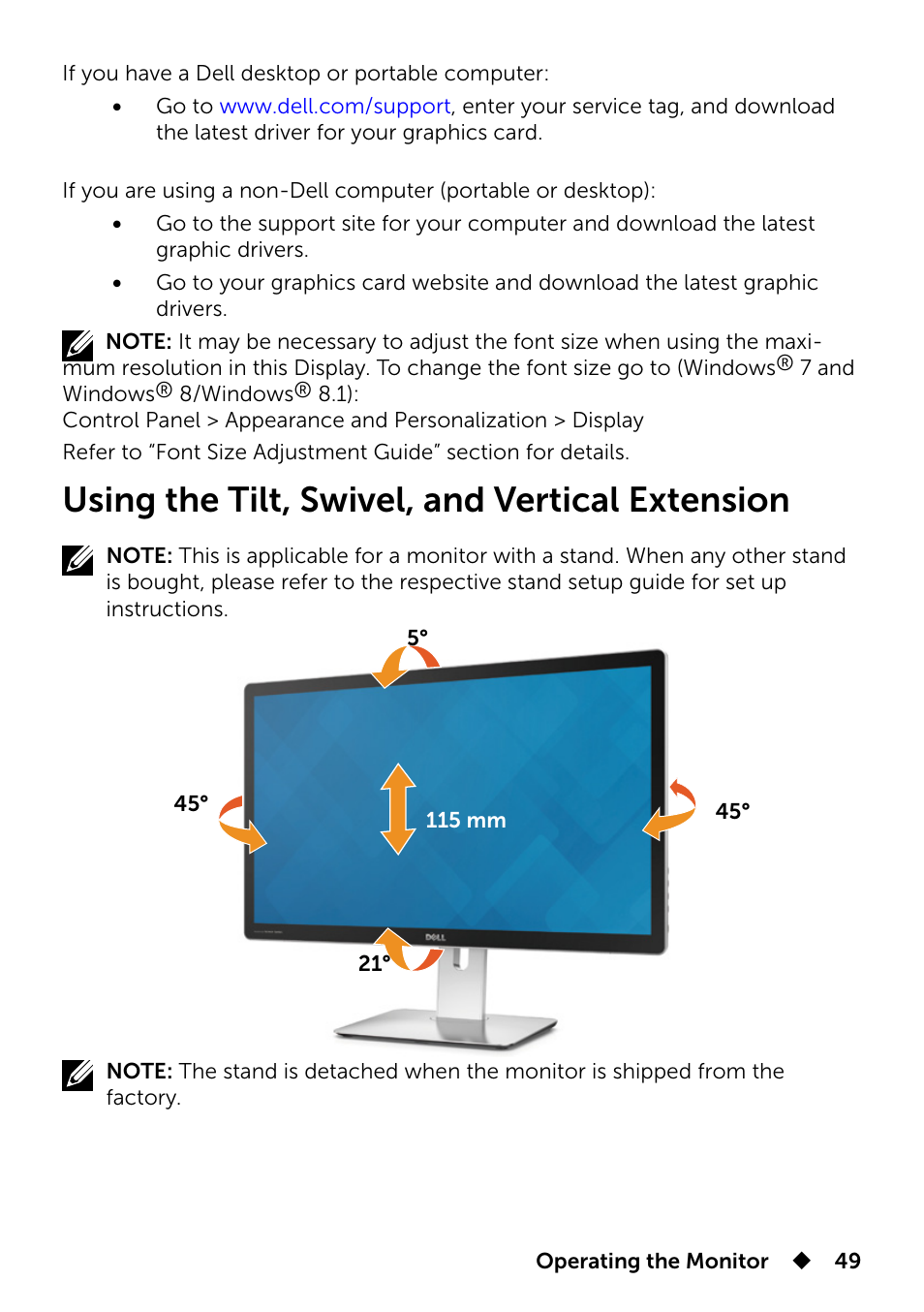 Using the tilt, swivel, and vertical extension | Dell UP2715K Monitor User Manual | Page 49 / 75