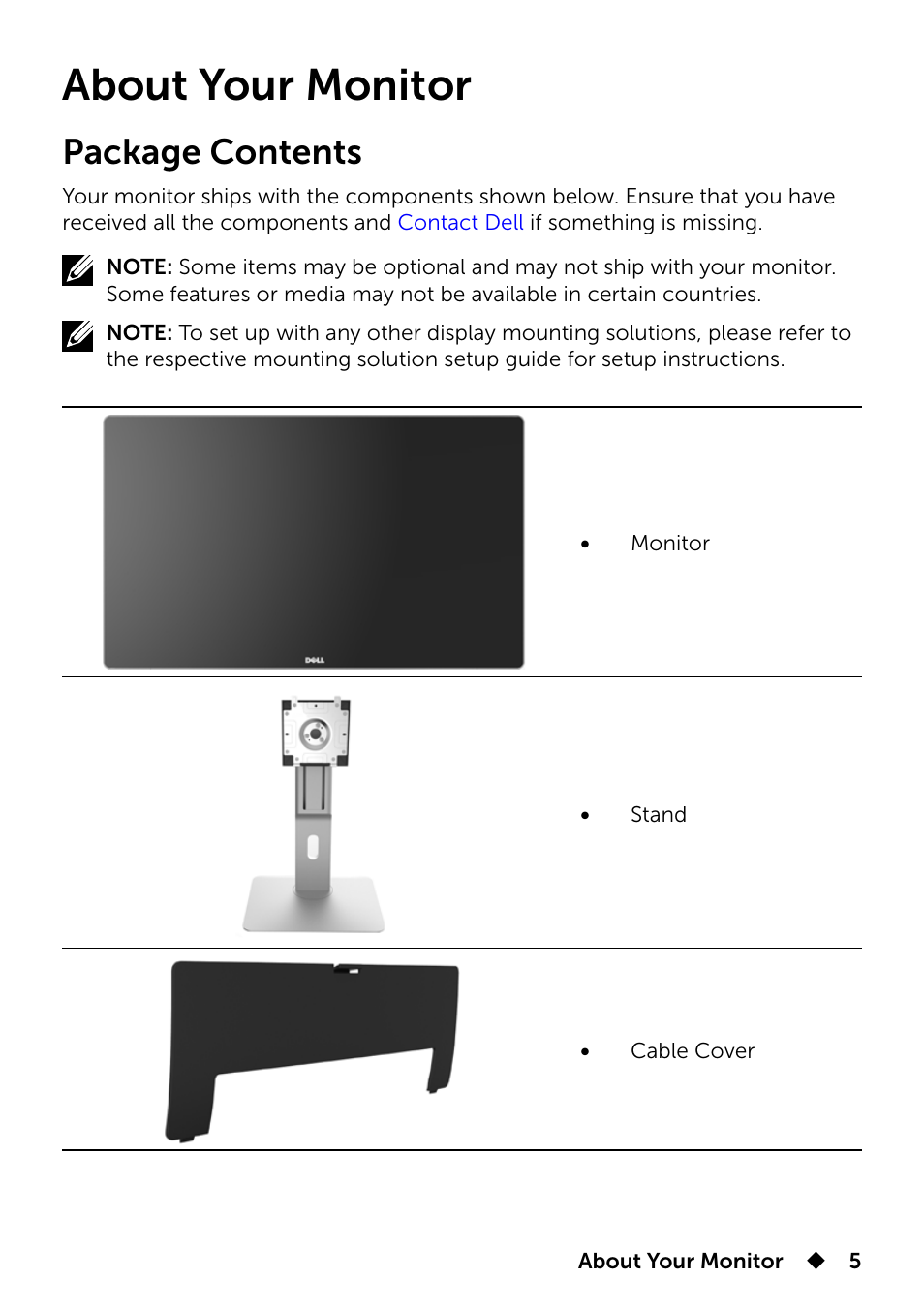 About your monitor, Package contents | Dell UP2715K Monitor User Manual | Page 5 / 75