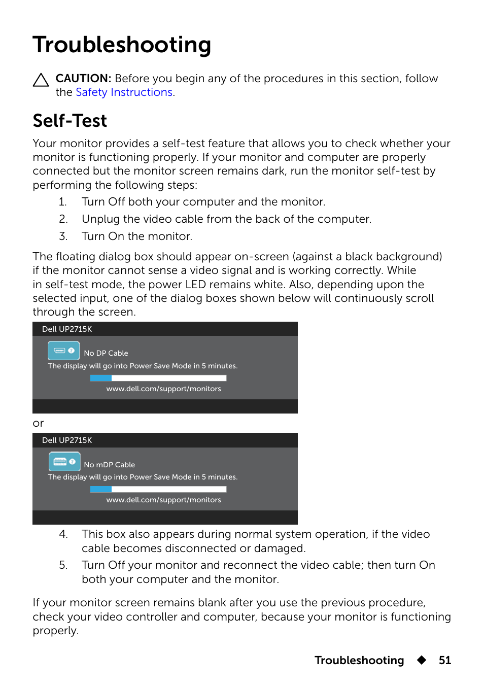 Troubleshooting, Self-test | Dell UP2715K Monitor User Manual | Page 51 / 75