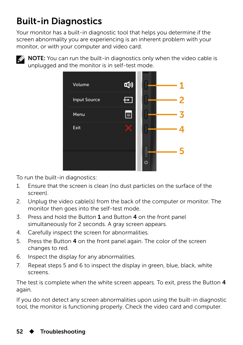 Built-in diagnostics | Dell UP2715K Monitor User Manual | Page 52 / 75