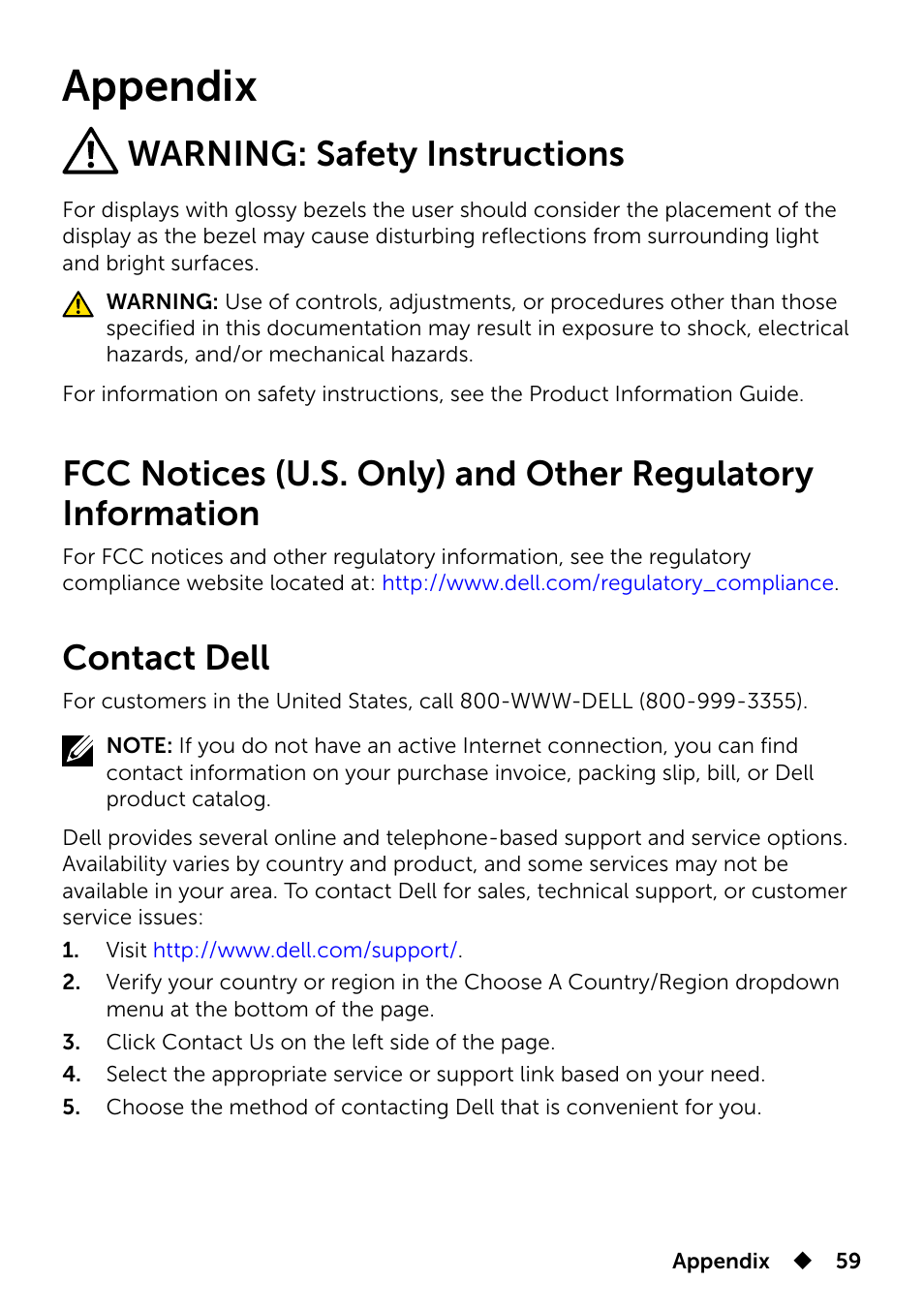 Appendix, Warning: safety instructions, Contact dell | Dell UP2715K Monitor User Manual | Page 59 / 75