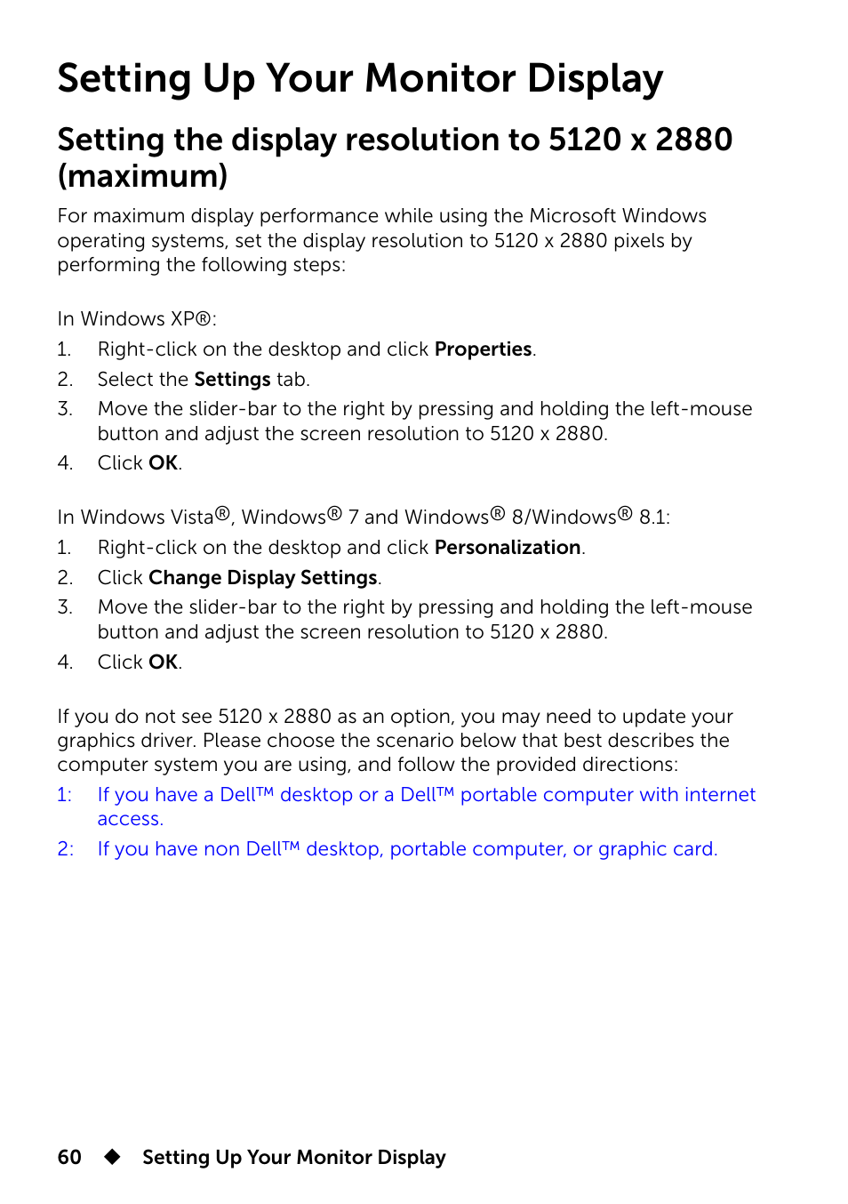 Setting up your monitor display | Dell UP2715K Monitor User Manual | Page 60 / 75