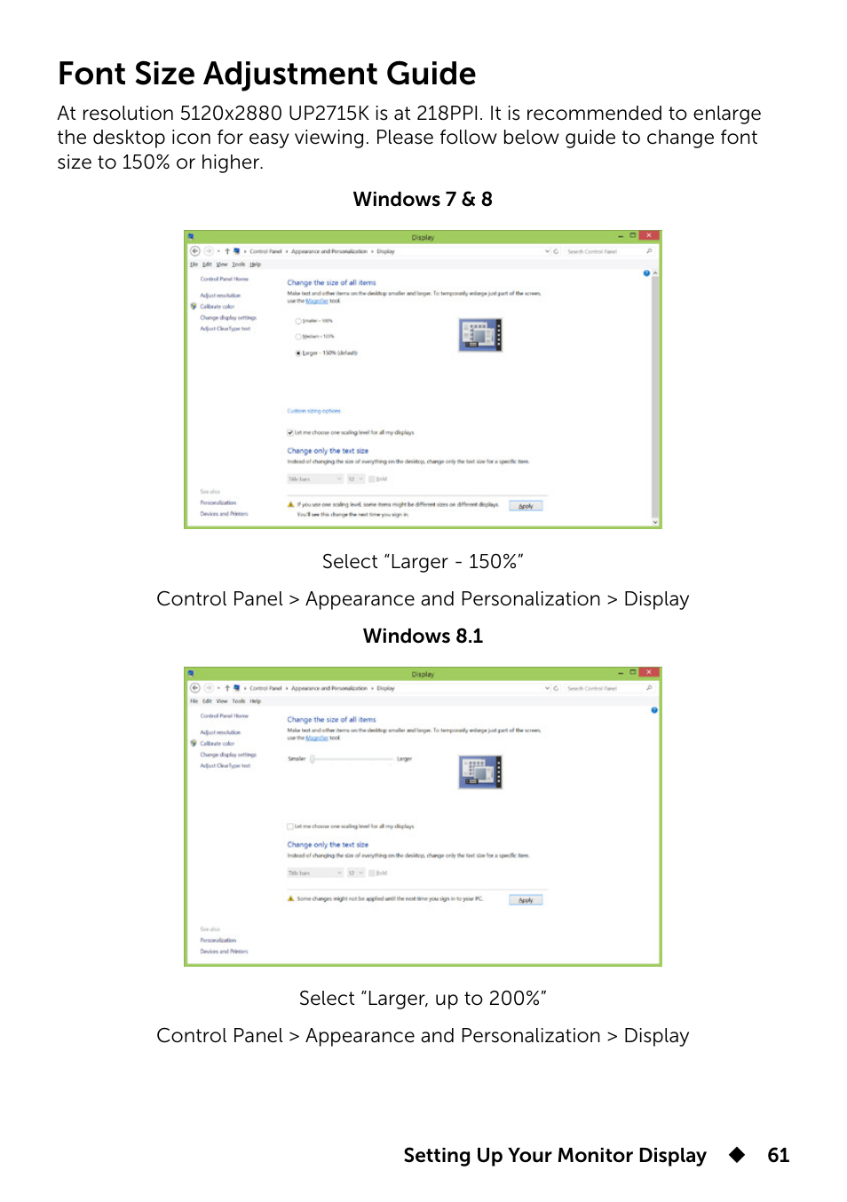 Font size adjustment guide | Dell UP2715K Monitor User Manual | Page 61 / 75