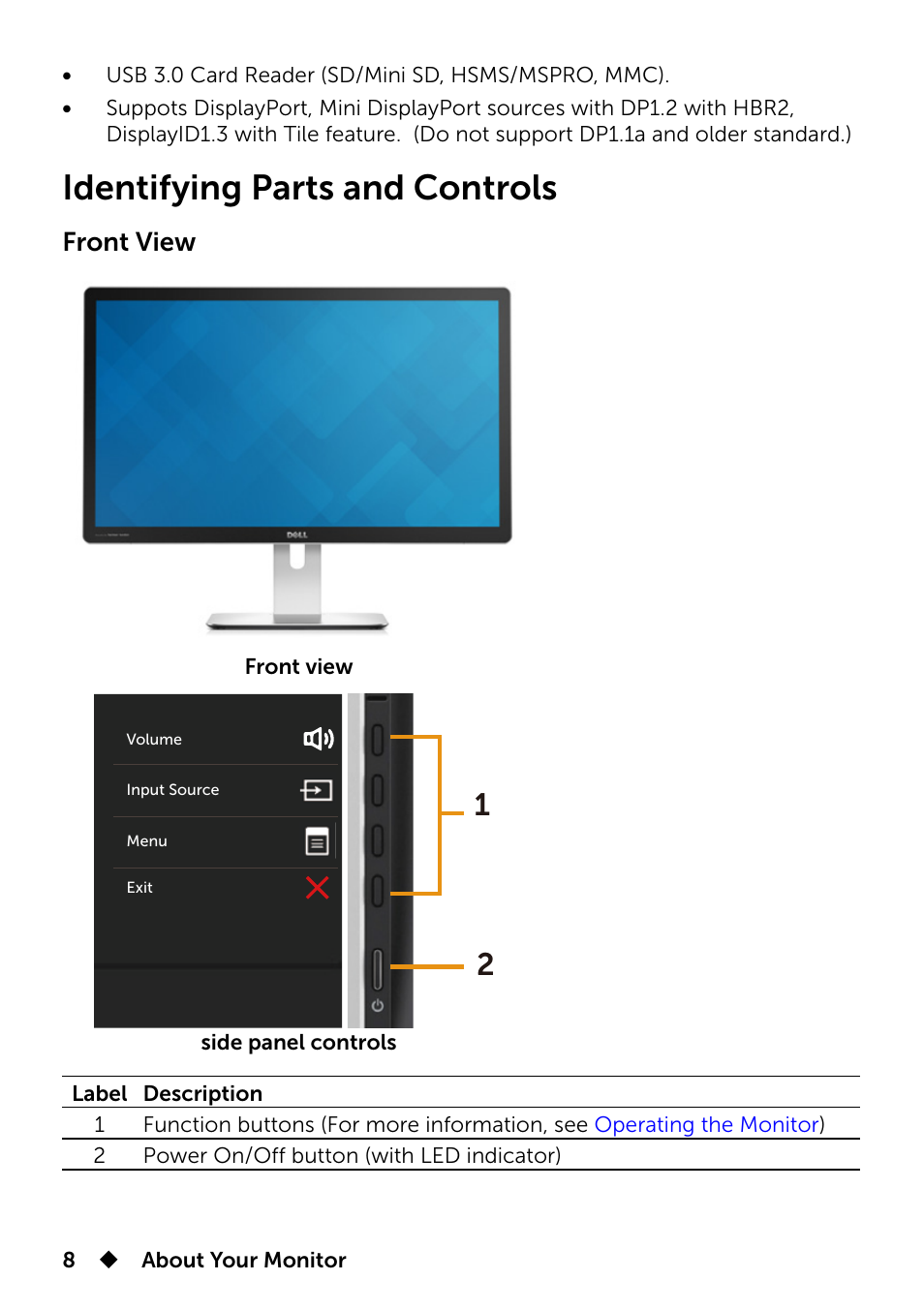 Identifying parts and controls, Front view | Dell UP2715K Monitor User Manual | Page 8 / 75