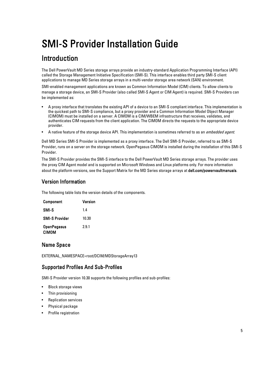 Smi-s provider installation guide, Introduction, Version information | Name space, Supported profiles and sub-profiles, 1 smi-s provider installation guide | Dell PowerVault MD3860i User Manual | Page 5 / 11