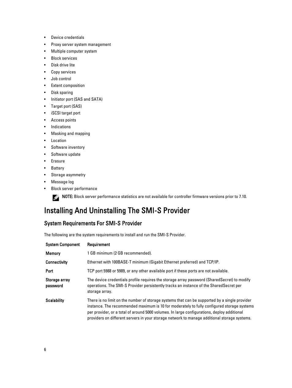 Installing and uninstalling the smi-s provider, System requirements for smi-s provider | Dell PowerVault MD3860i User Manual | Page 6 / 11