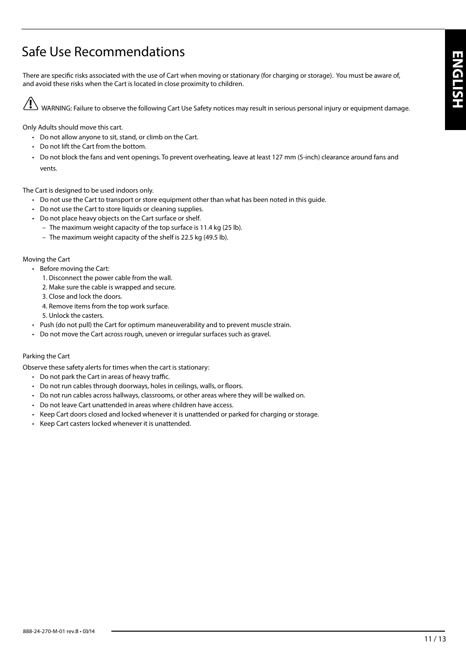 English, Safe use recommendations | Dell Mobile Computing Cart (Managed) User Manual | Page 11 / 13