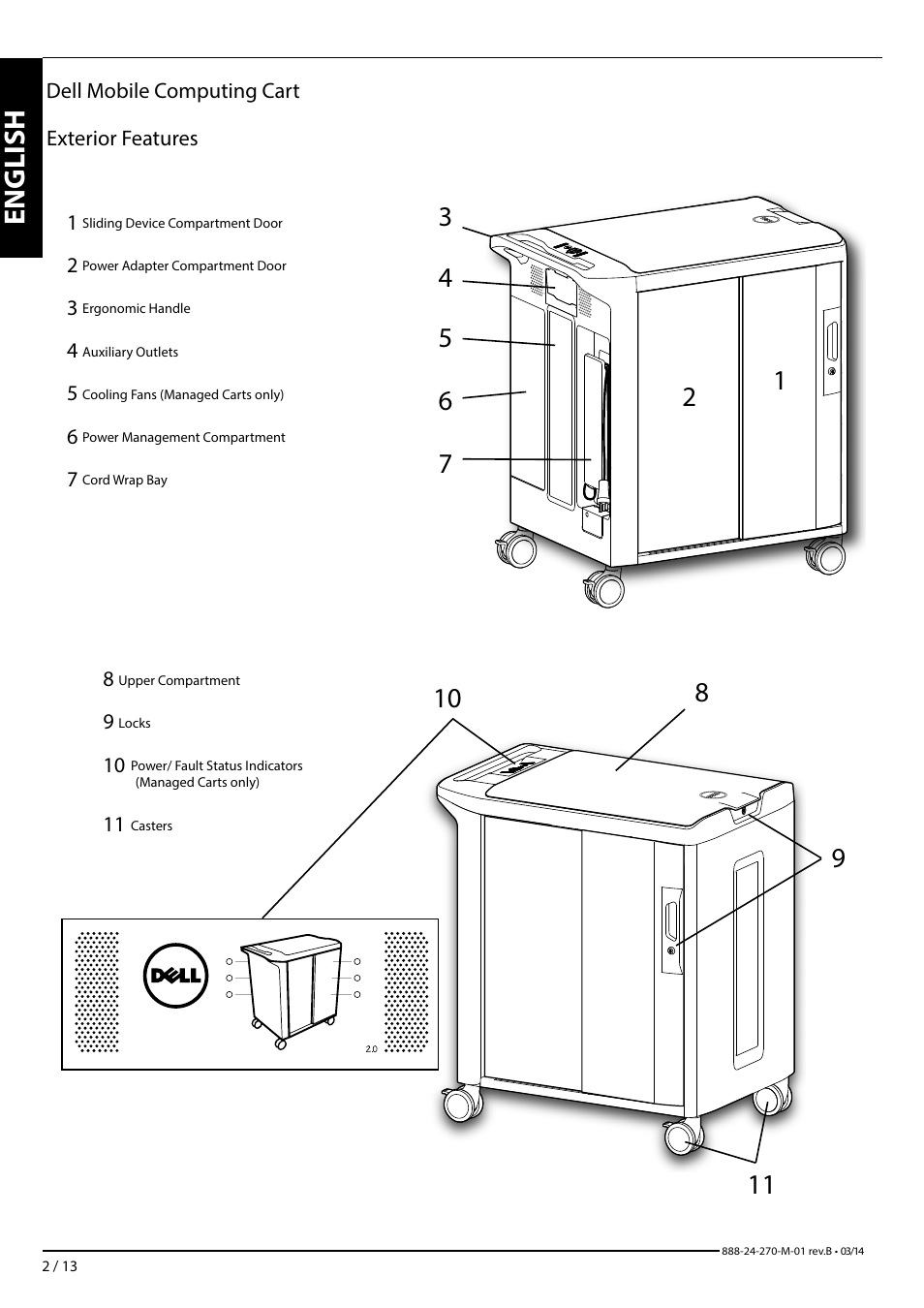 English, Dell mobile computing cart exterior features | Dell Mobile Computing Cart (Managed) User Manual | Page 2 / 13