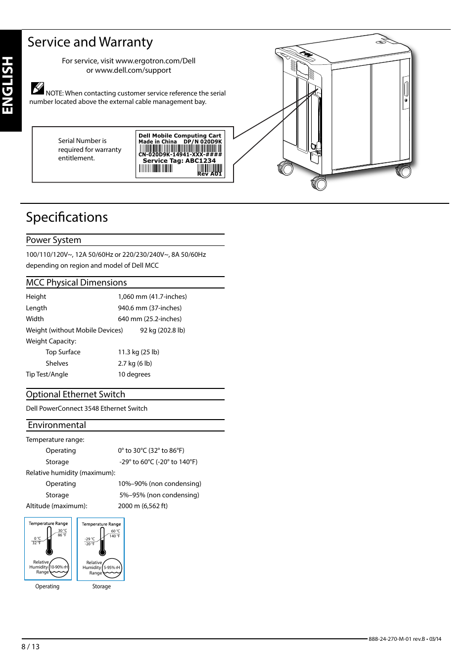 English, Service and warranty, Specifications | Power system, Mcc physical dimensions, Optional ethernet switch, Environmental | Dell Mobile Computing Cart (Managed) User Manual | Page 8 / 13