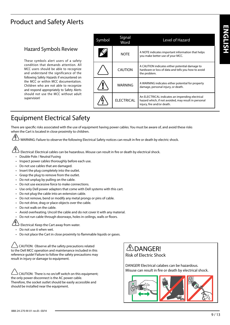 Danger, English, Product and safety alerts | Equipment electrical safety, Hazard symbols review, Risk of electric shock | Dell Mobile Computing Cart (Managed) User Manual | Page 9 / 13