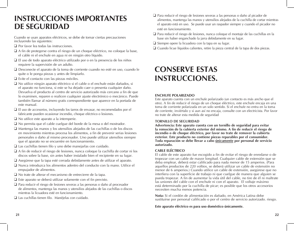 Instrucciones importantes de seguridad, Conserve estas instrucciones | Black & Decker FP2650S User Manual | Page 12 / 37