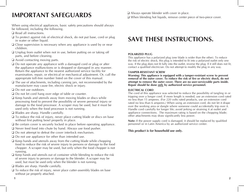 Important safeguards save these instructions | Black & Decker FP2650S User Manual | Page 2 / 37