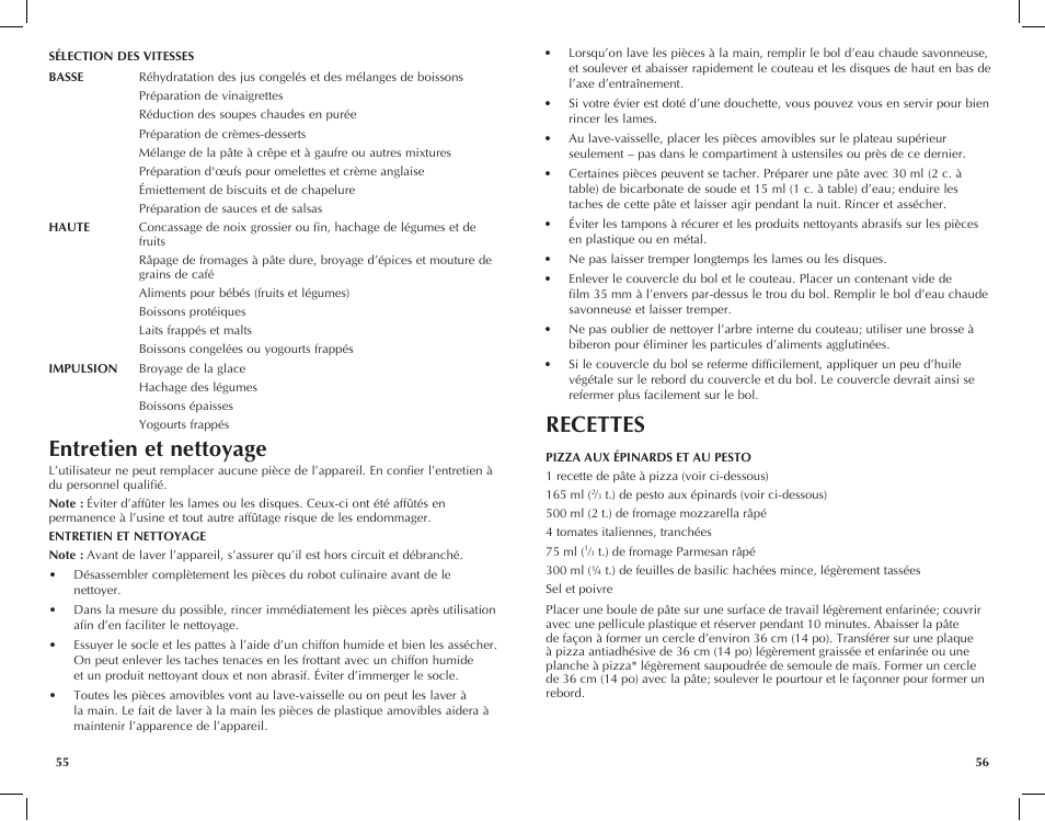 Entretien et nettoyage, Recettes | Black & Decker FP2650S User Manual | Page 29 / 37