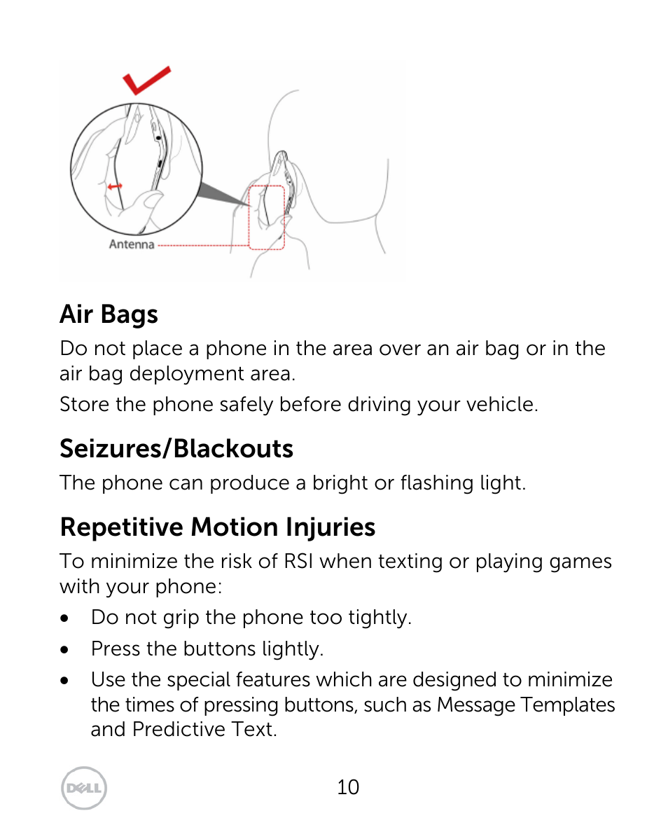 Air bags, Seizures/blackouts, Repetitive motion injuries | Dell XCD35 Smartphone User Manual | Page 10 / 96
