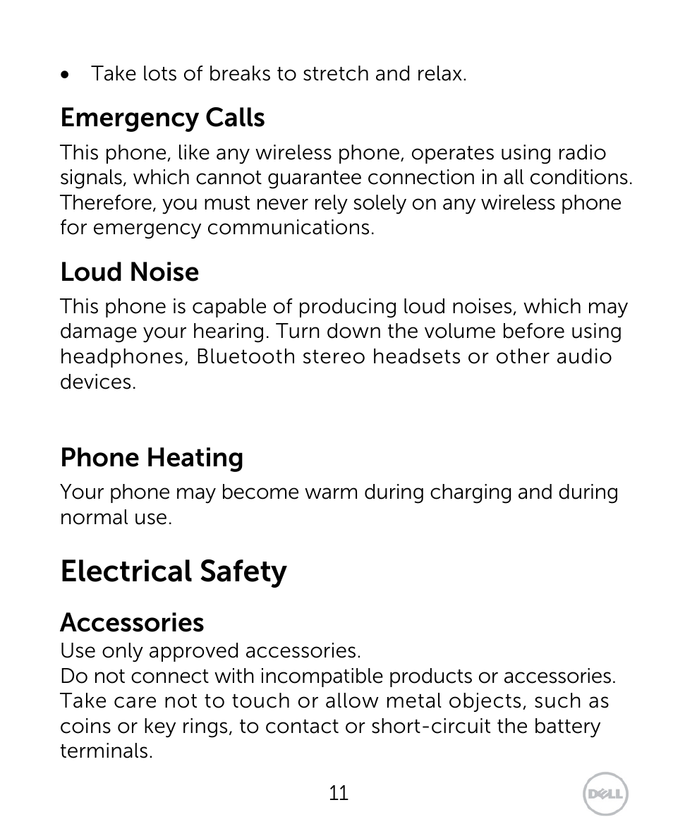 Electrical safety, Emergency calls, Loud noise | Phone heating, Accessories | Dell XCD35 Smartphone User Manual | Page 11 / 96