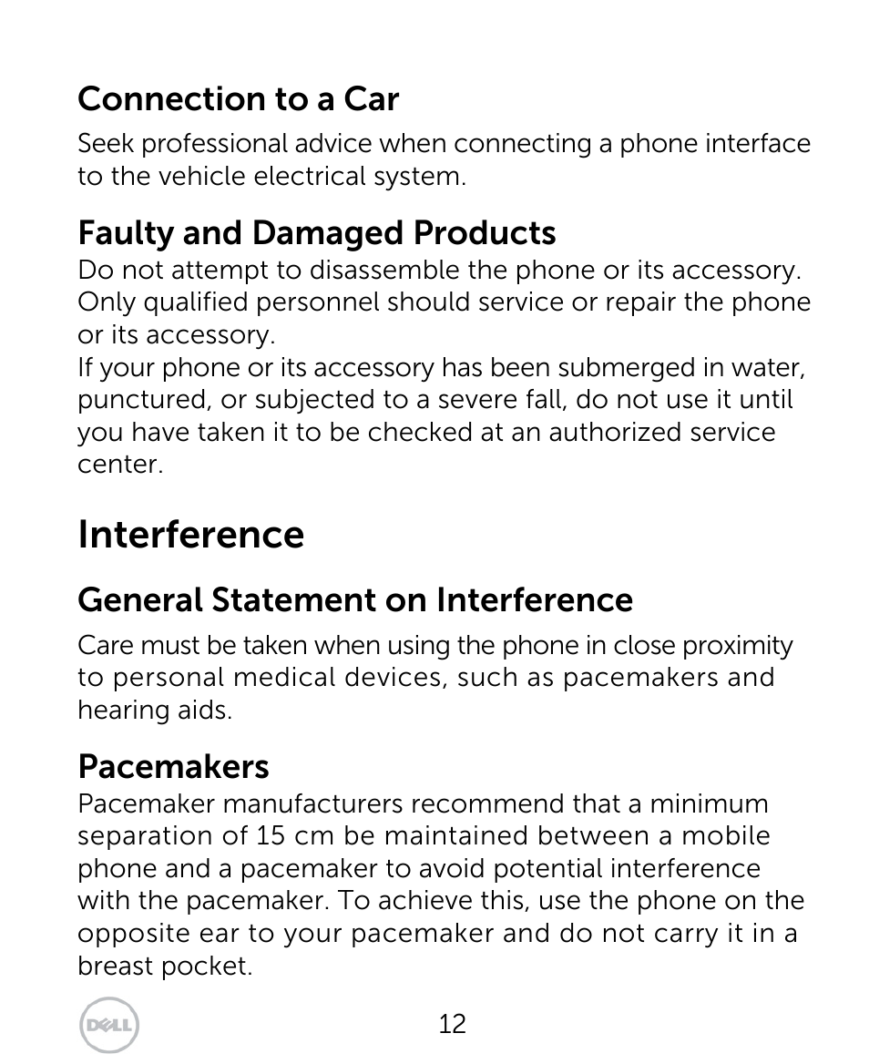 Interference, Connection to a car, Faulty and damaged products | General statement on interference, Pacemakers | Dell XCD35 Smartphone User Manual | Page 12 / 96