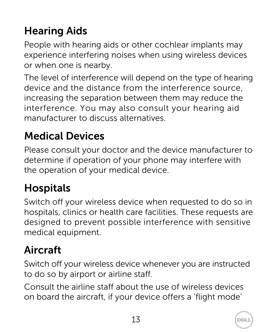 Hearing aids, Medical devices, Hospitals | Aircraft | Dell XCD35 Smartphone User Manual | Page 13 / 96