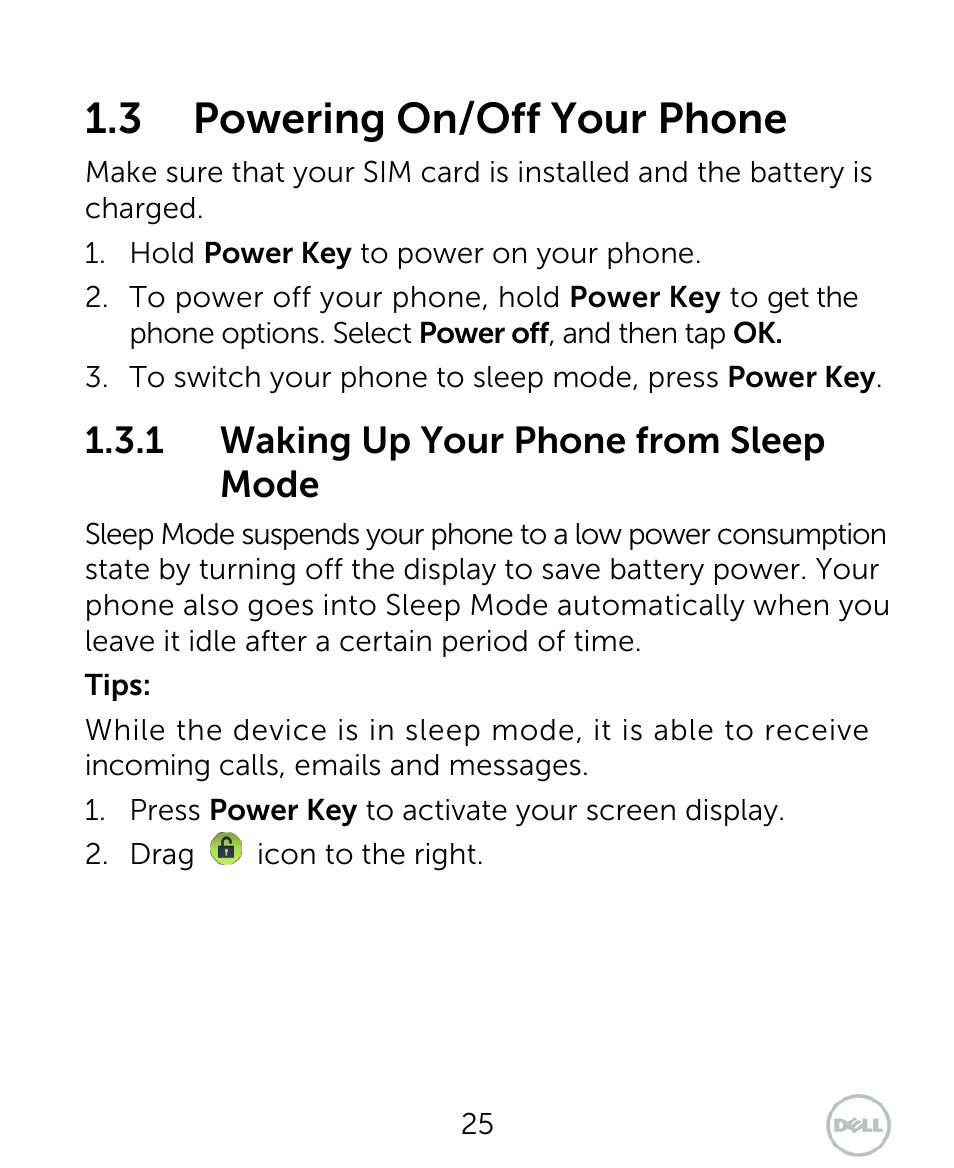 3 powering on/off your phone, 1 waking up your phone from sleep mode | Dell XCD35 Smartphone User Manual | Page 25 / 96