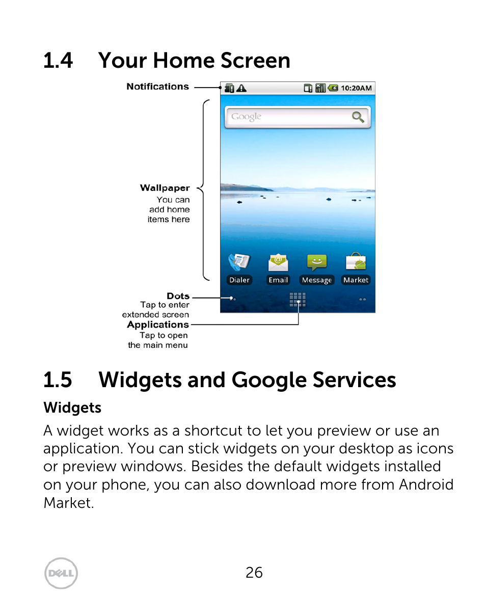 4 your home screen, 5 widgets and google services | Dell XCD35 Smartphone User Manual | Page 26 / 96